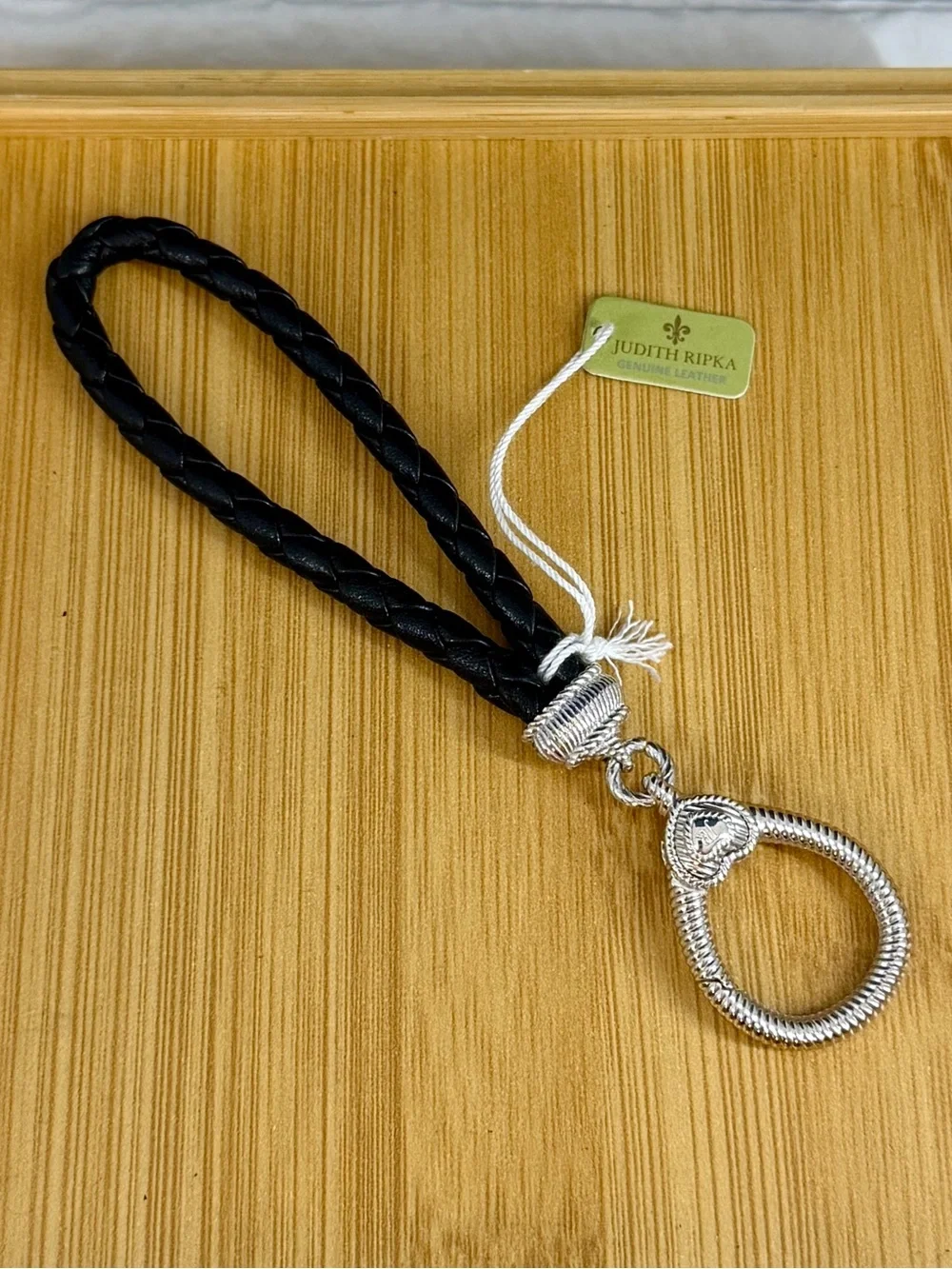 NWT- JUDITH RIPKA Stainless Steel Black Braided Leather Crystal Keyring Keychain